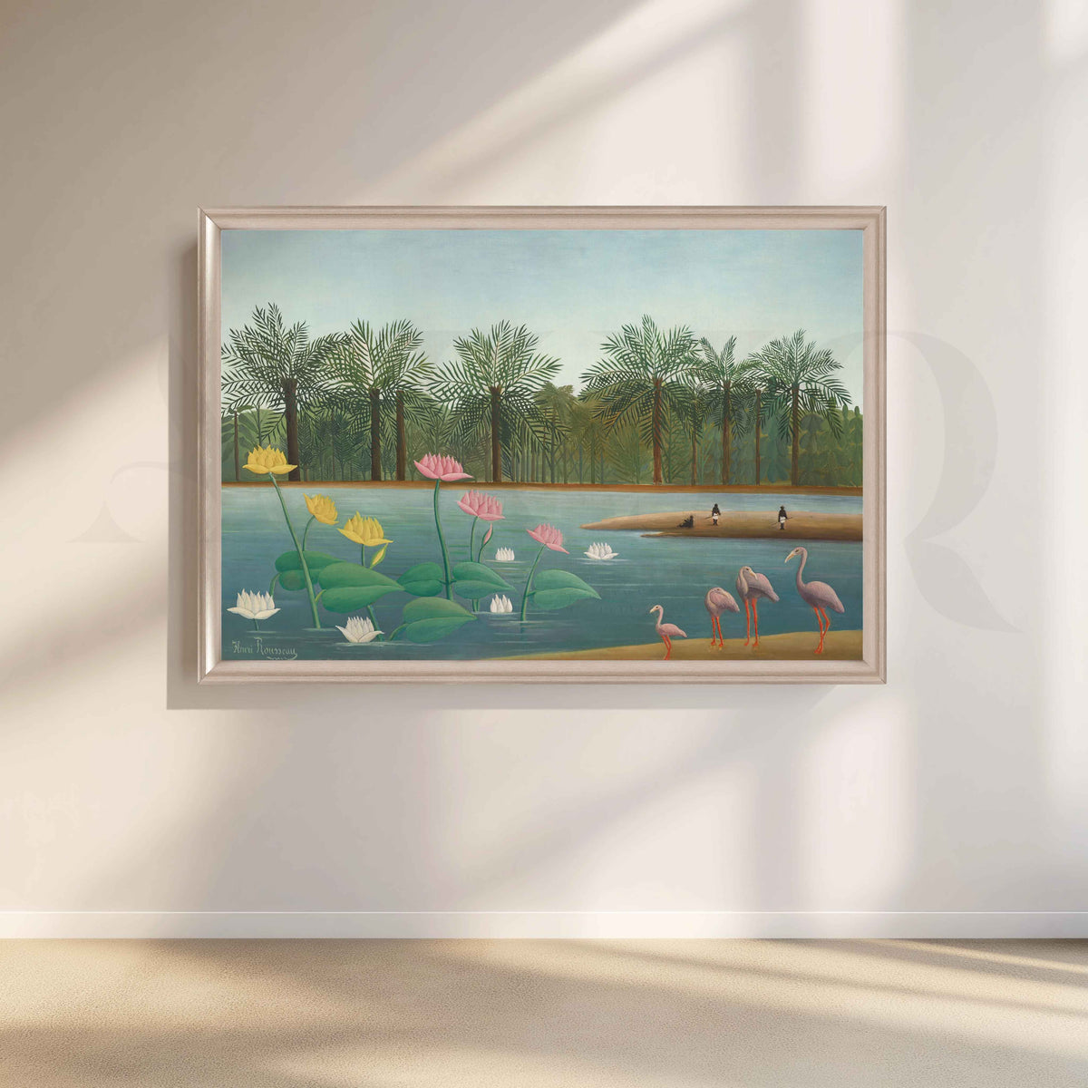 Tropical Lotus Lake with Flamingos Folk Art Canvas Artwork – Asha Art Studio – Image 4