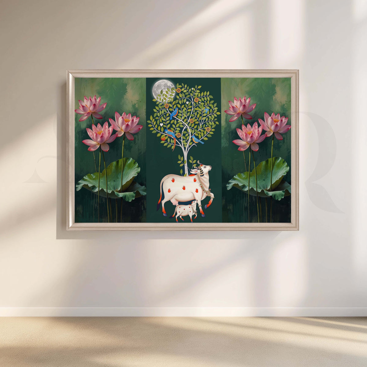 Lotus and Sacred Cow Botanical Canvas Artwork – Asha Art Studio – Image 4