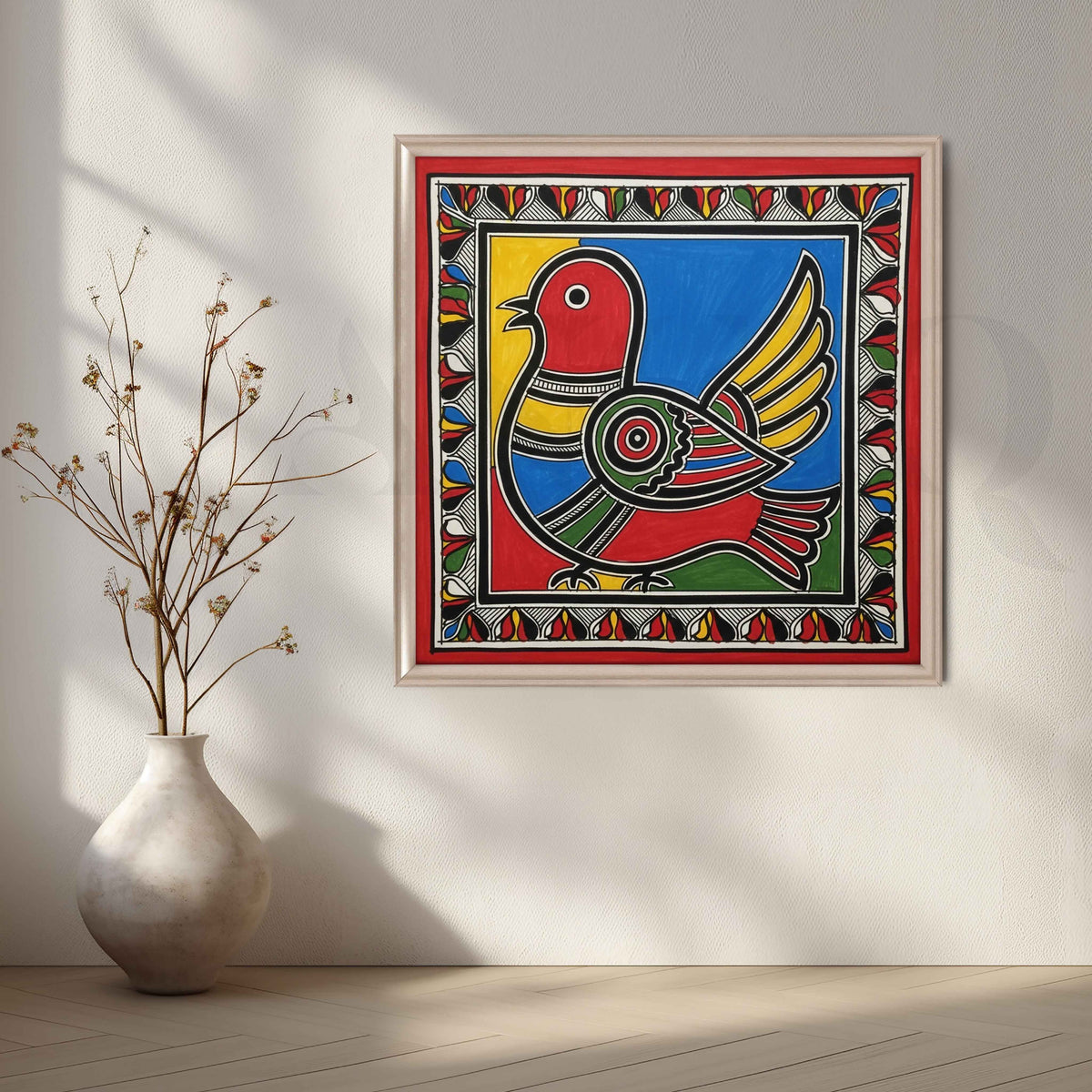 Colourful Folk Bird Madhubani Canvas Artwork – Asha Art Studio – Image 4