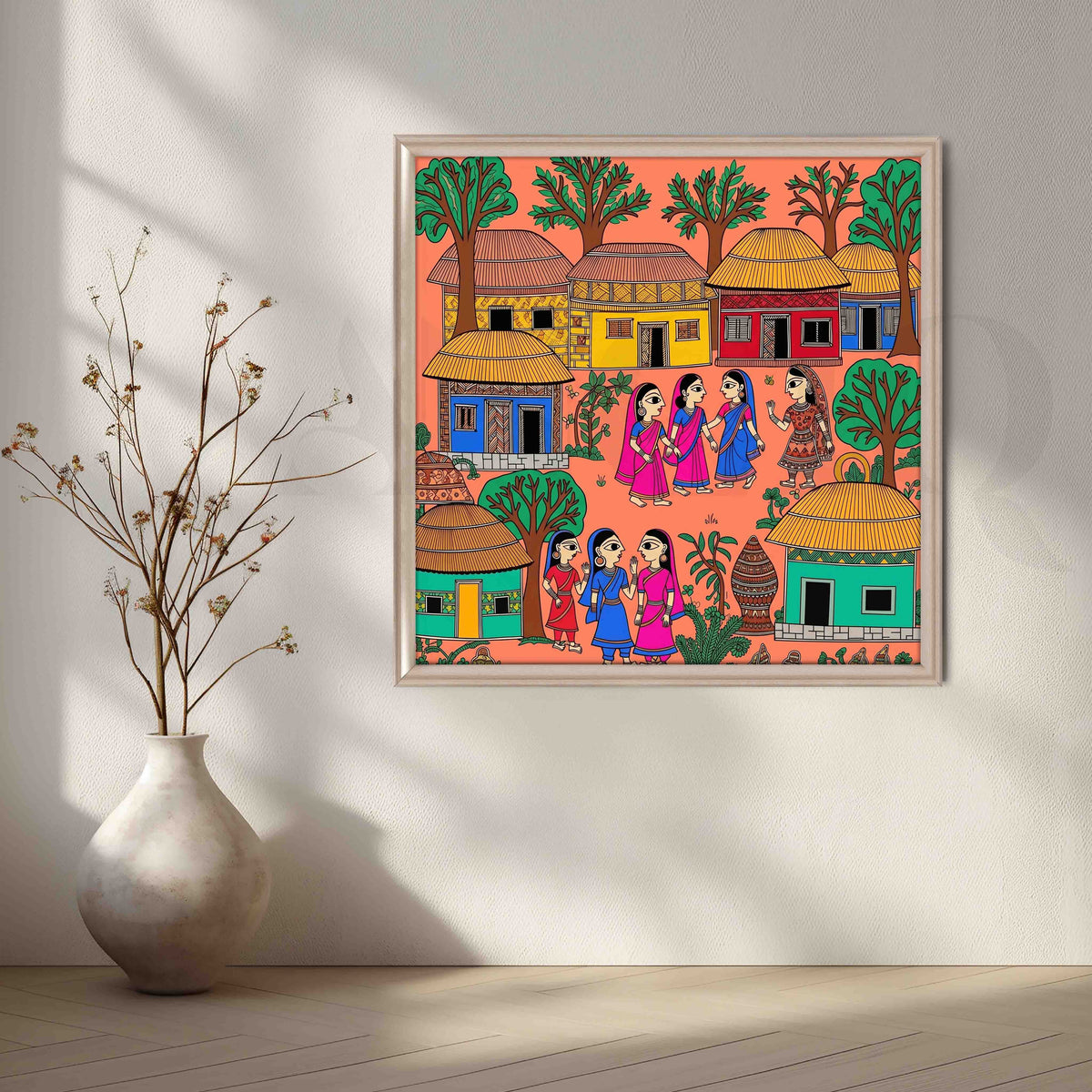Traditional Madhubani Village Life Canvas Artwork – Asha Art Studio – Image 4