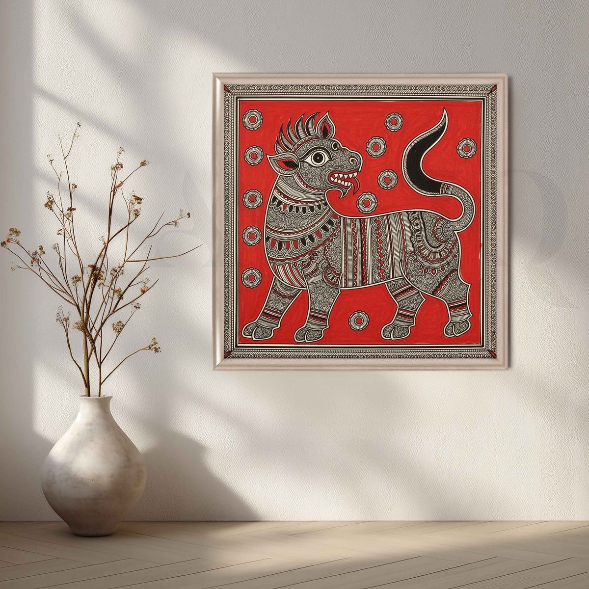 Mythical Lion Traditional Madhubani Canvas Artwork – Asha Art Studio – Image 4