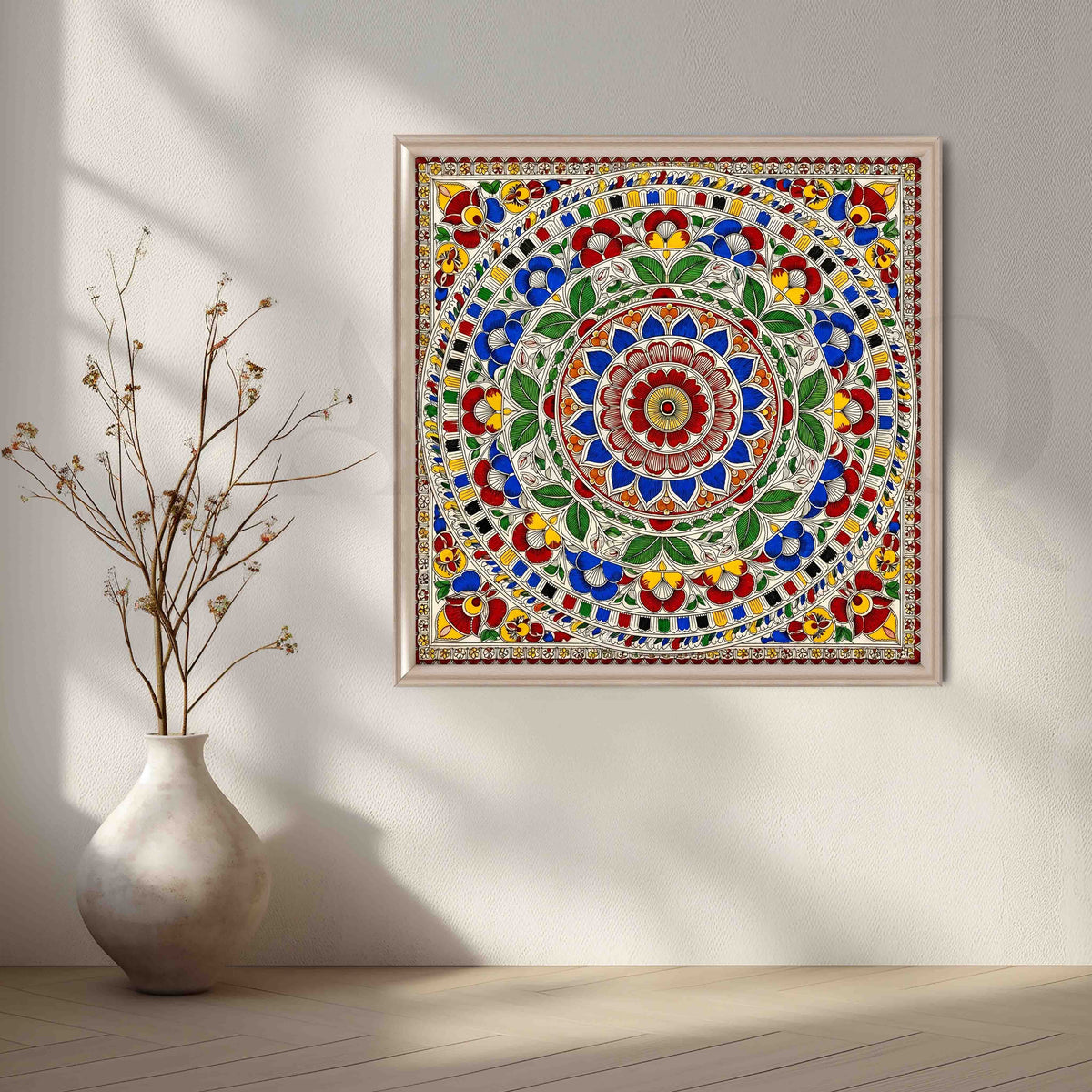 Traditional Floral Mandala Madhubani Canvas Artwork – Asha Art Studio – Image 4