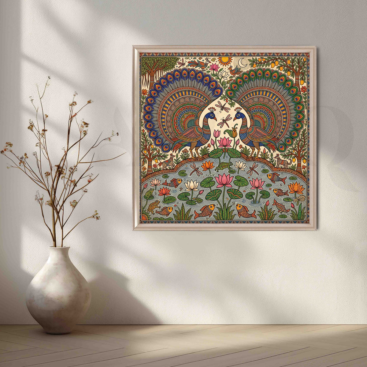 Peacock Lotus Pond Madhubani Canvas Artwork – Asha Art Studio – Image 4
