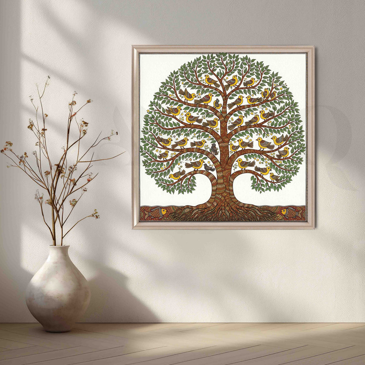 Birds Tree of Life Madhubani Canvas Artwork – Asha Art Studio – Image 4