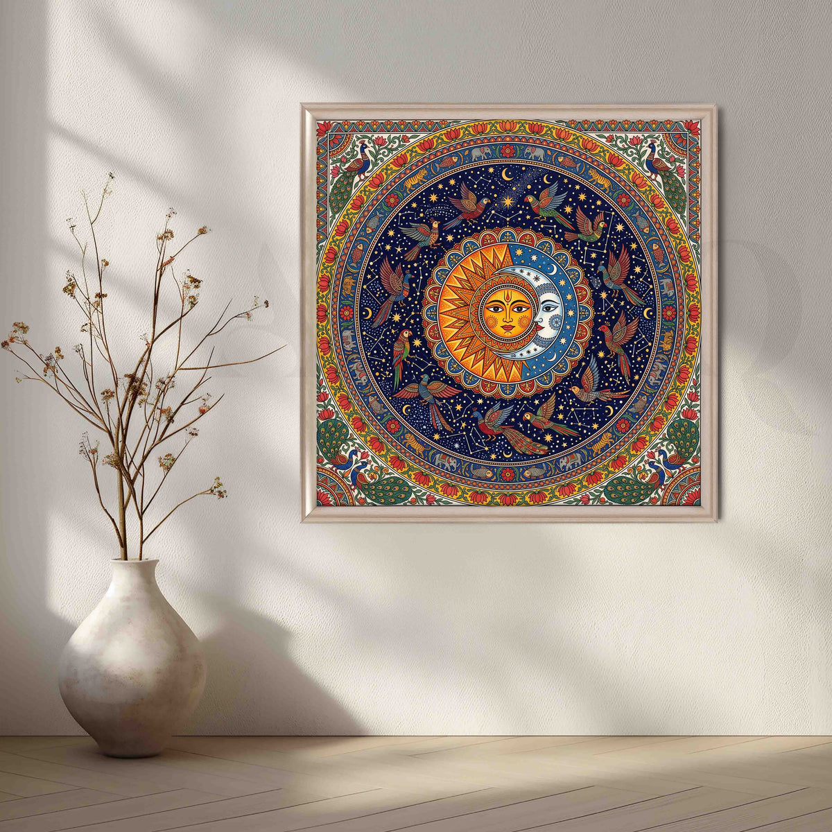Sun and Moon Madhubani Mandala Canvas Artwork – Asha Art Studio – Image 4