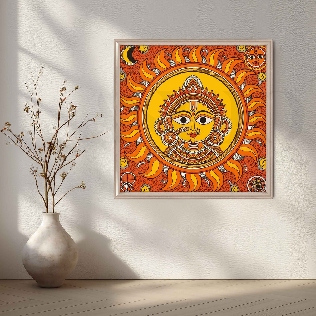 Radiant Surya Dev Madhubani Canvas Artwork – Asha Art Studio – Image 4