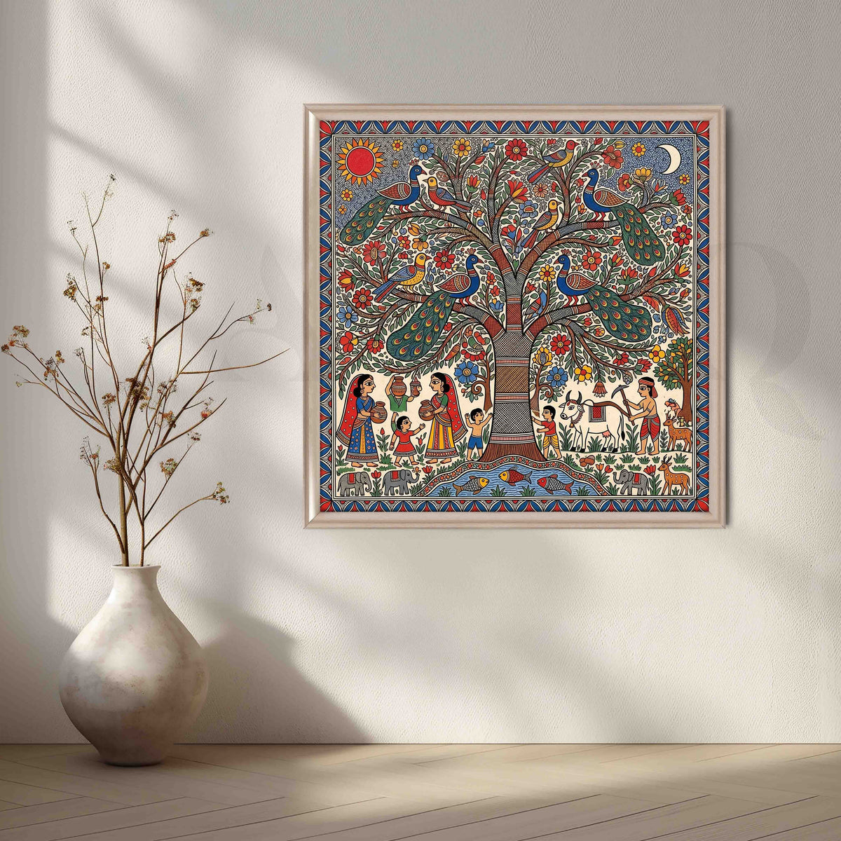 Peacock Tree of Life Madhubani Canvas Artwork – Asha Art Studio – Image 4