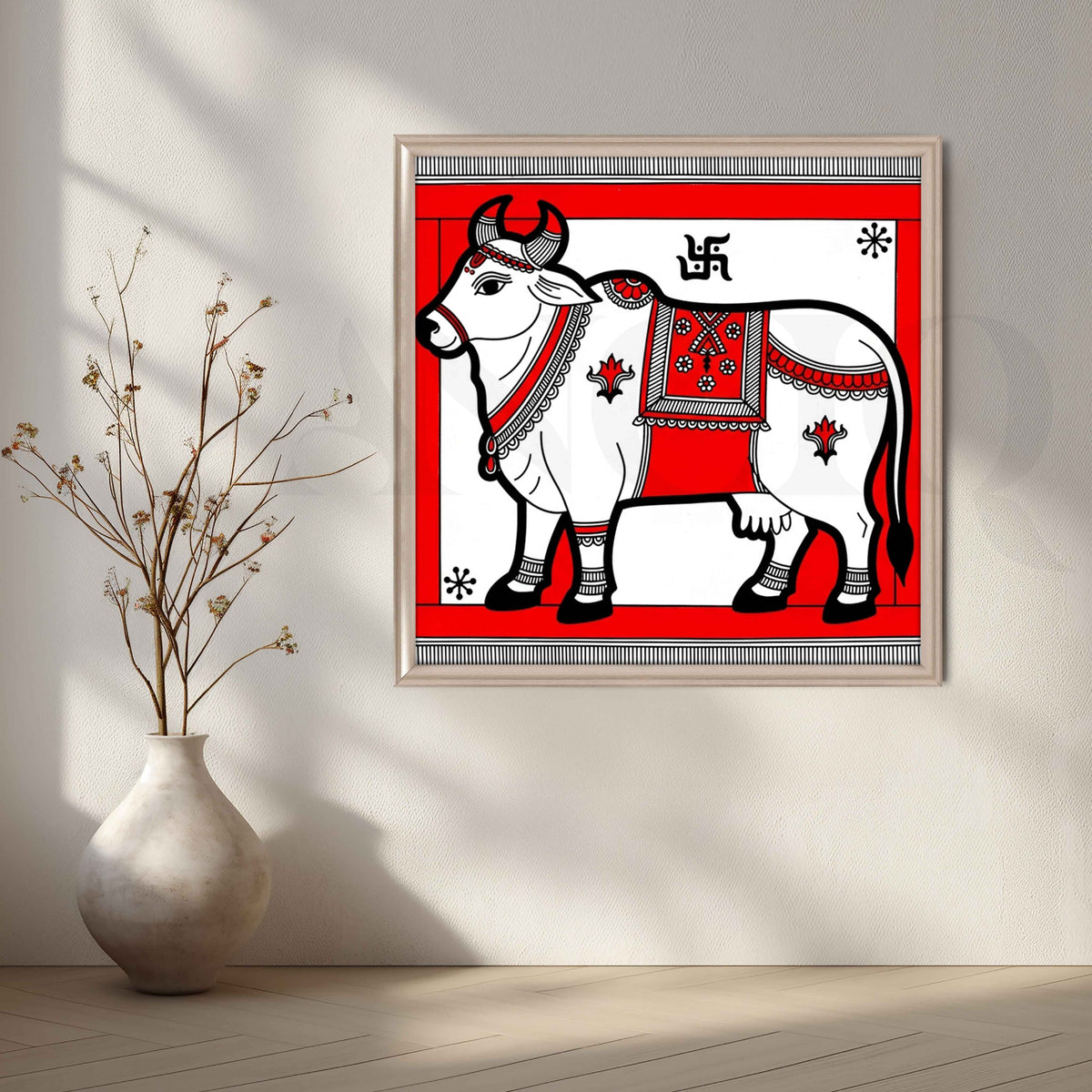 Sacred Cow Traditional Madhubani Canvas Artwork – Asha Art Studio – Image 4