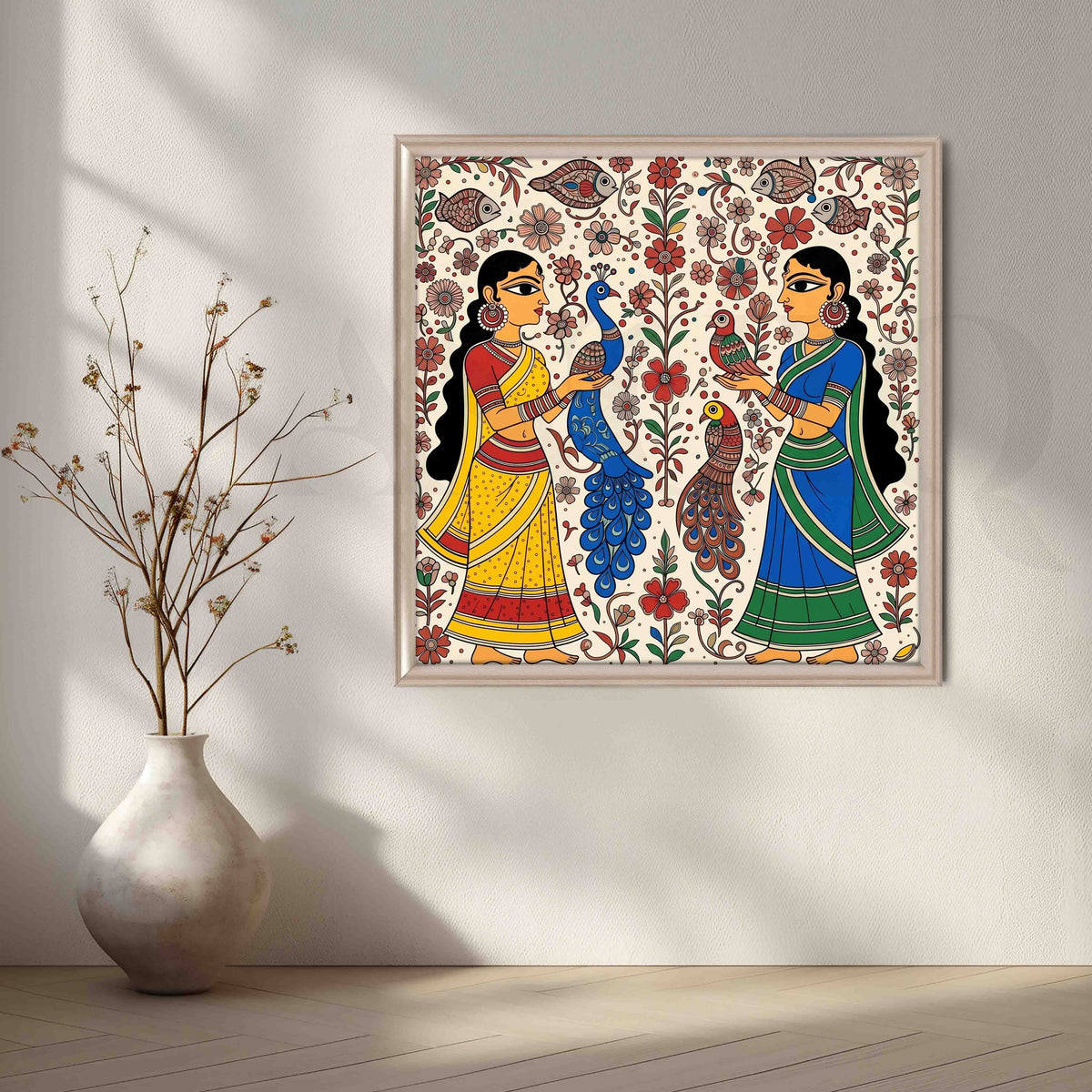 Traditional Women and Peacocks Madhubani Canvas Artwork – Asha Art Studio – Image 6