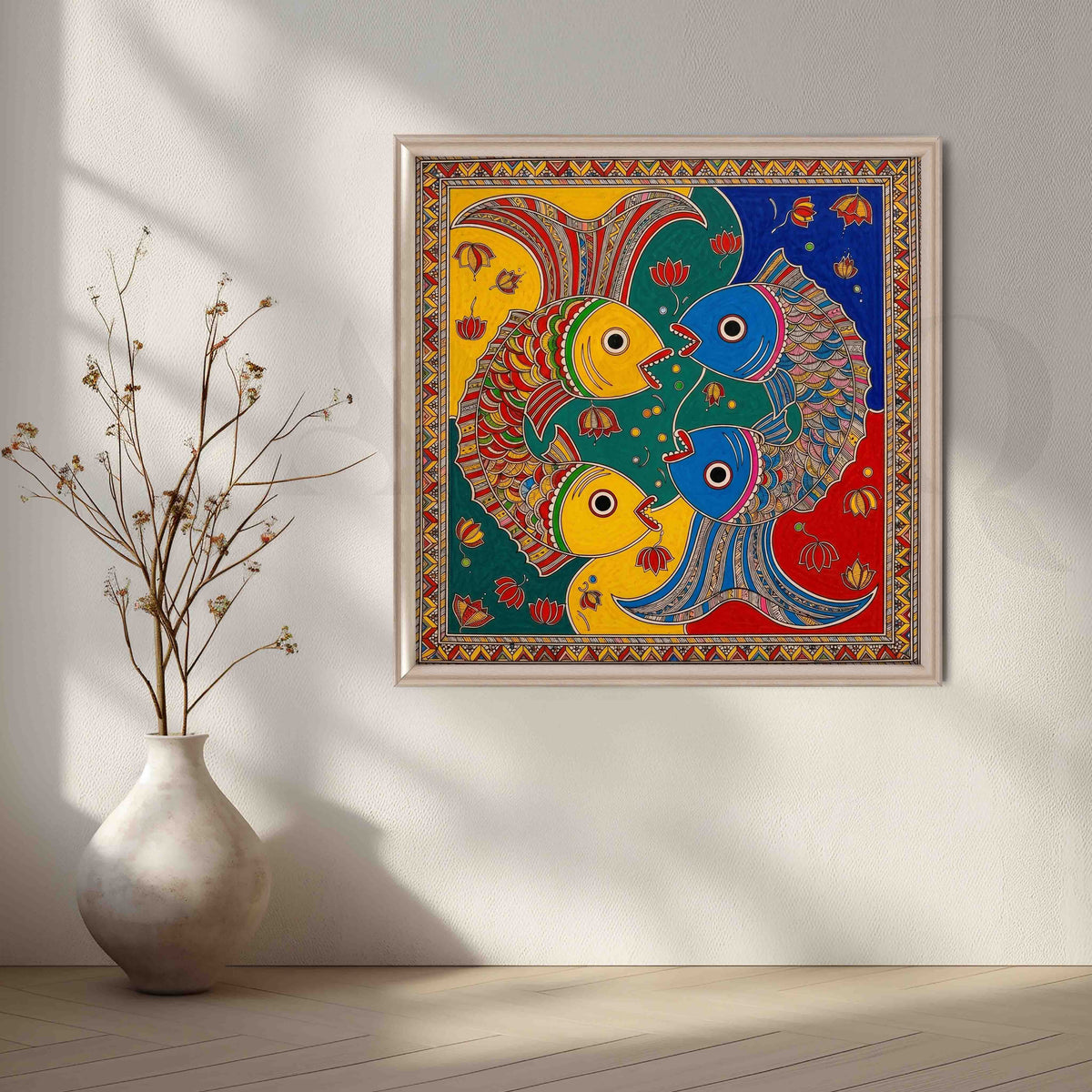 Colourful Fish Motif Madhubani Canvas Artwork – Asha Art Studio – Image 4