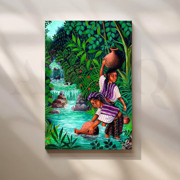 Tropical River Life Folk Canvas Artwork – Asha Art Studio