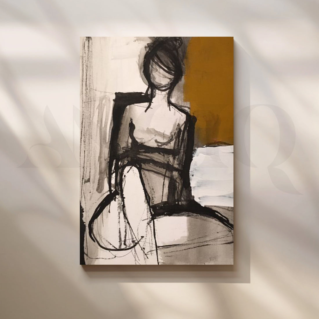 Seated Muse in Ochre Canvas Artwork – Asha Art Studio
