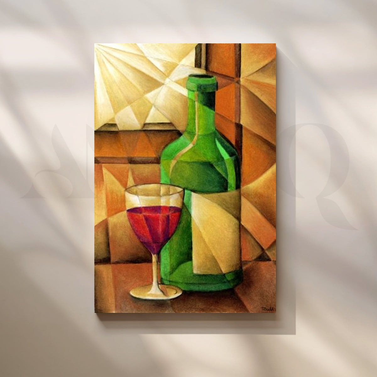 Cubist Wine Bottle Still Life Canvas Artwork – Asha Art Studio