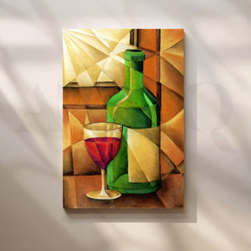 Cubist Wine Bottle Still Life Canvas Artwork – Asha Art Studio