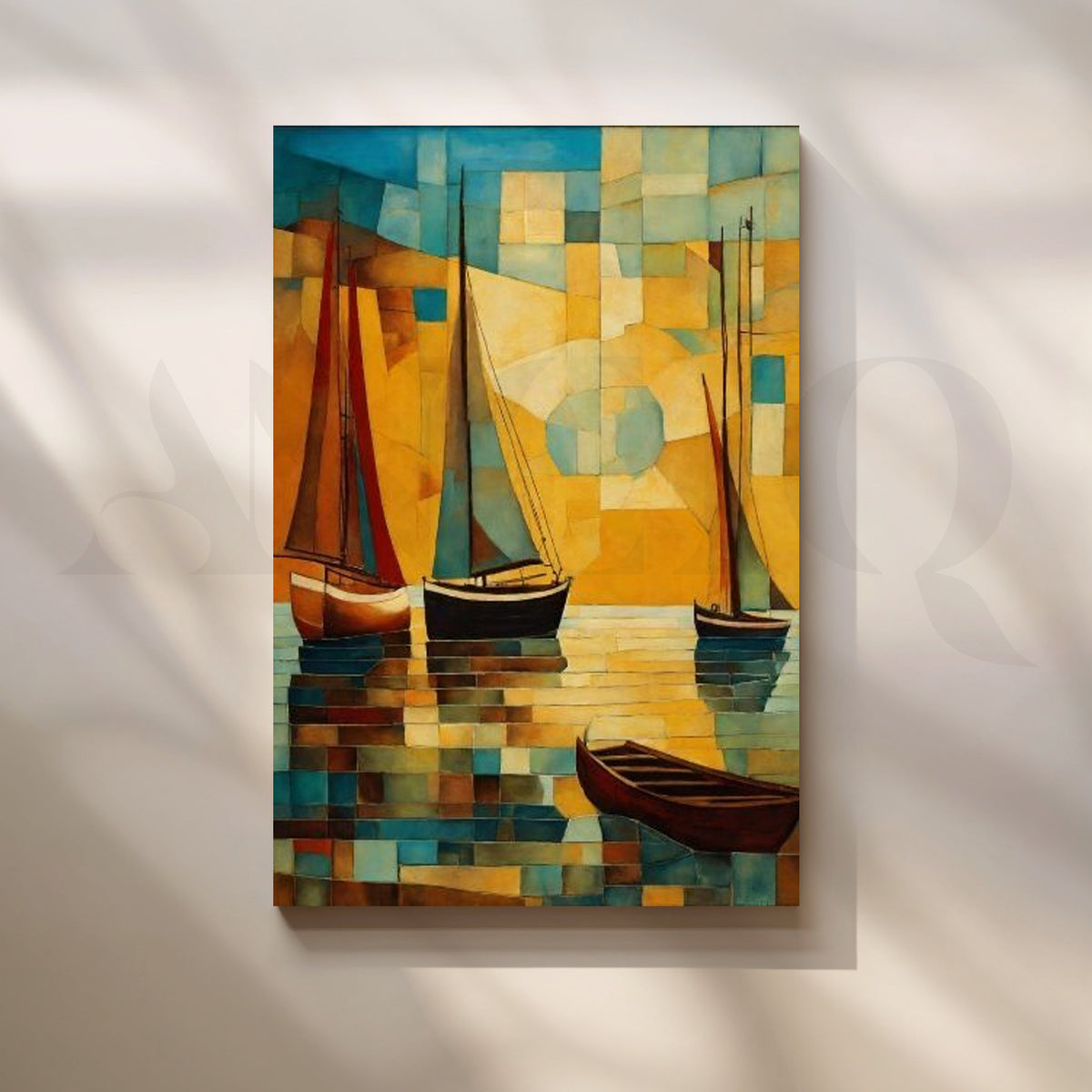 Abstract Sailboats Cubist Coastal Canvas Artwork – Asha Art Studio