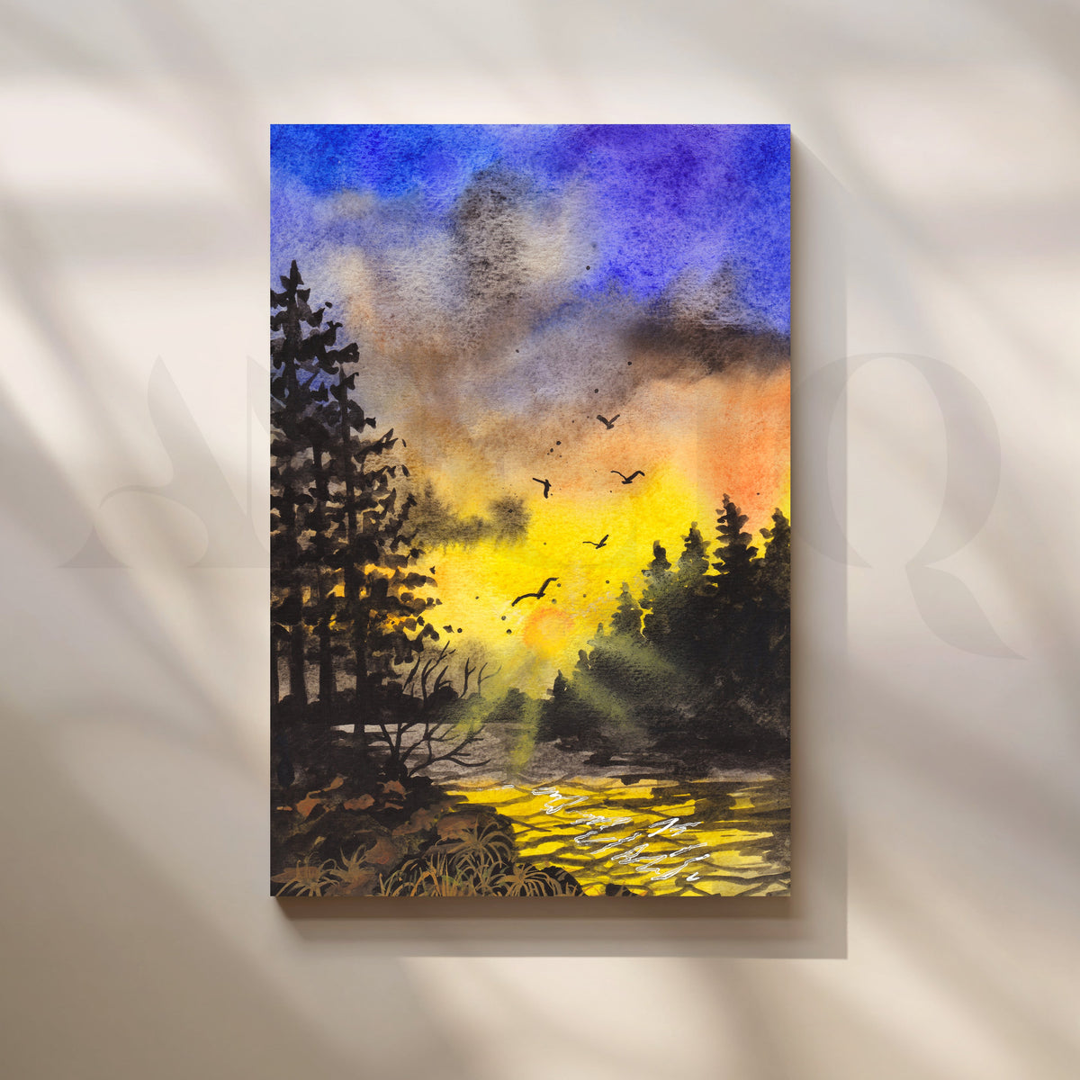 Twilight Birds Over Forest Creek Canvas Artwork – Asha Art Studio