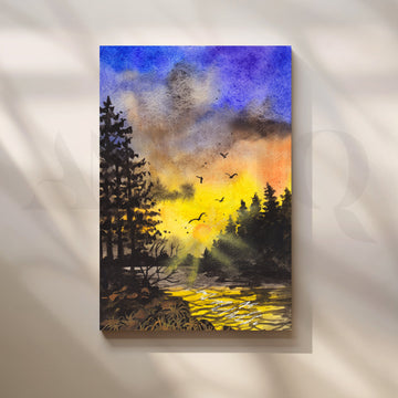 Twilight Birds Over Forest Creek Canvas Artwork – Asha Art Studio