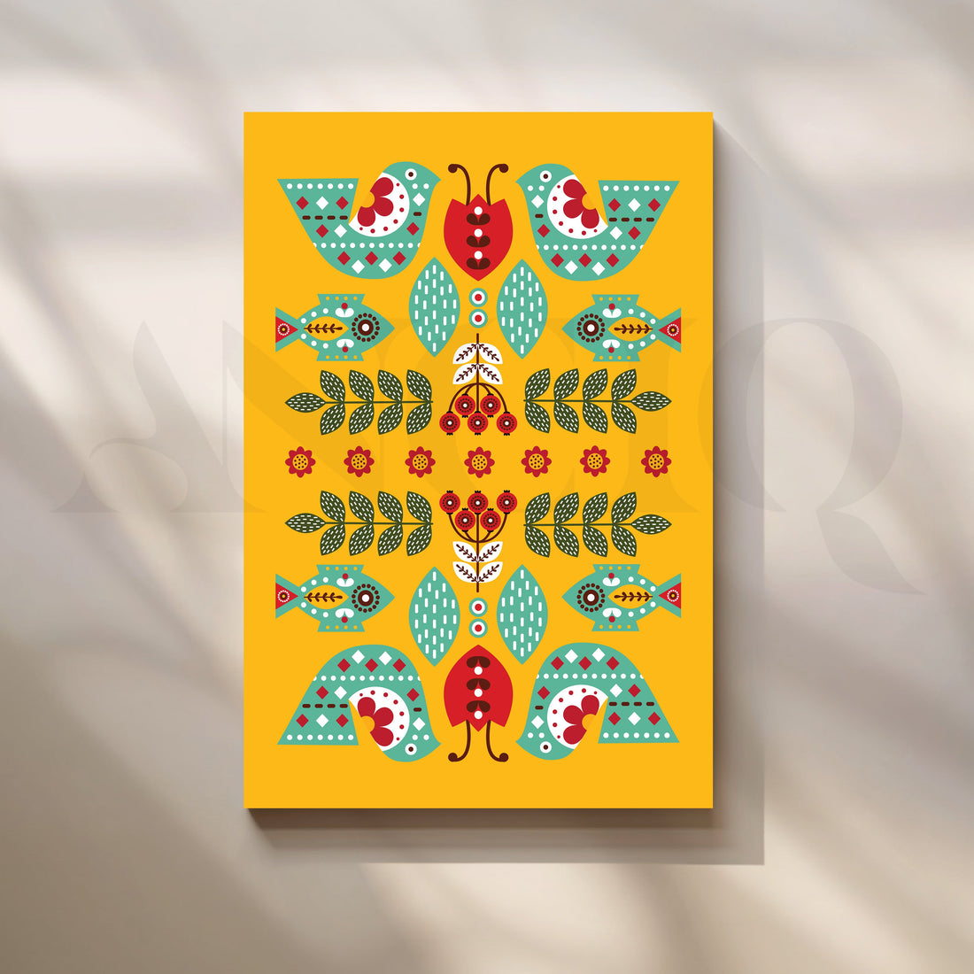 Folk Birds & Fishes Yellow Canvas Artwork – Asha Art Studio