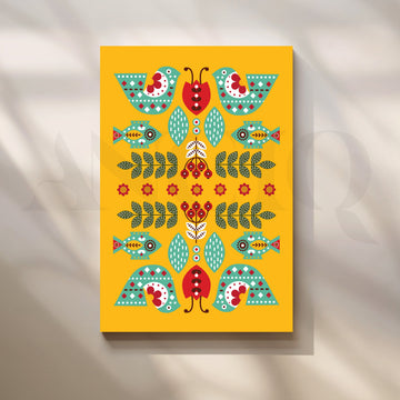 Folk Birds & Fishes Yellow Canvas Artwork – Asha Art Studio