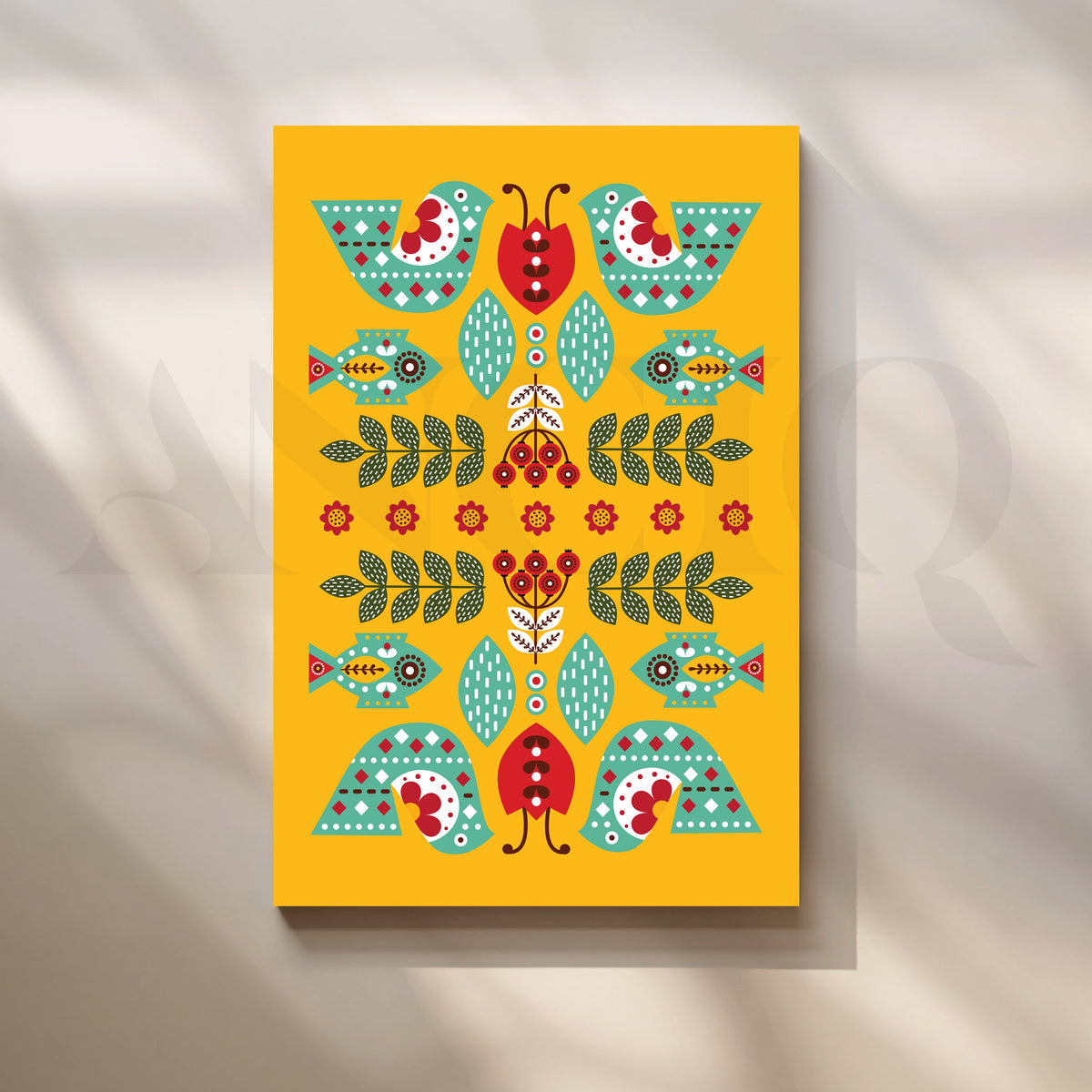 Folk Birds & Fishes Yellow Canvas Artwork – Asha Art Studio