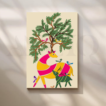Gond Style Deer Family Under Tree Artwork – Asha Art Studio