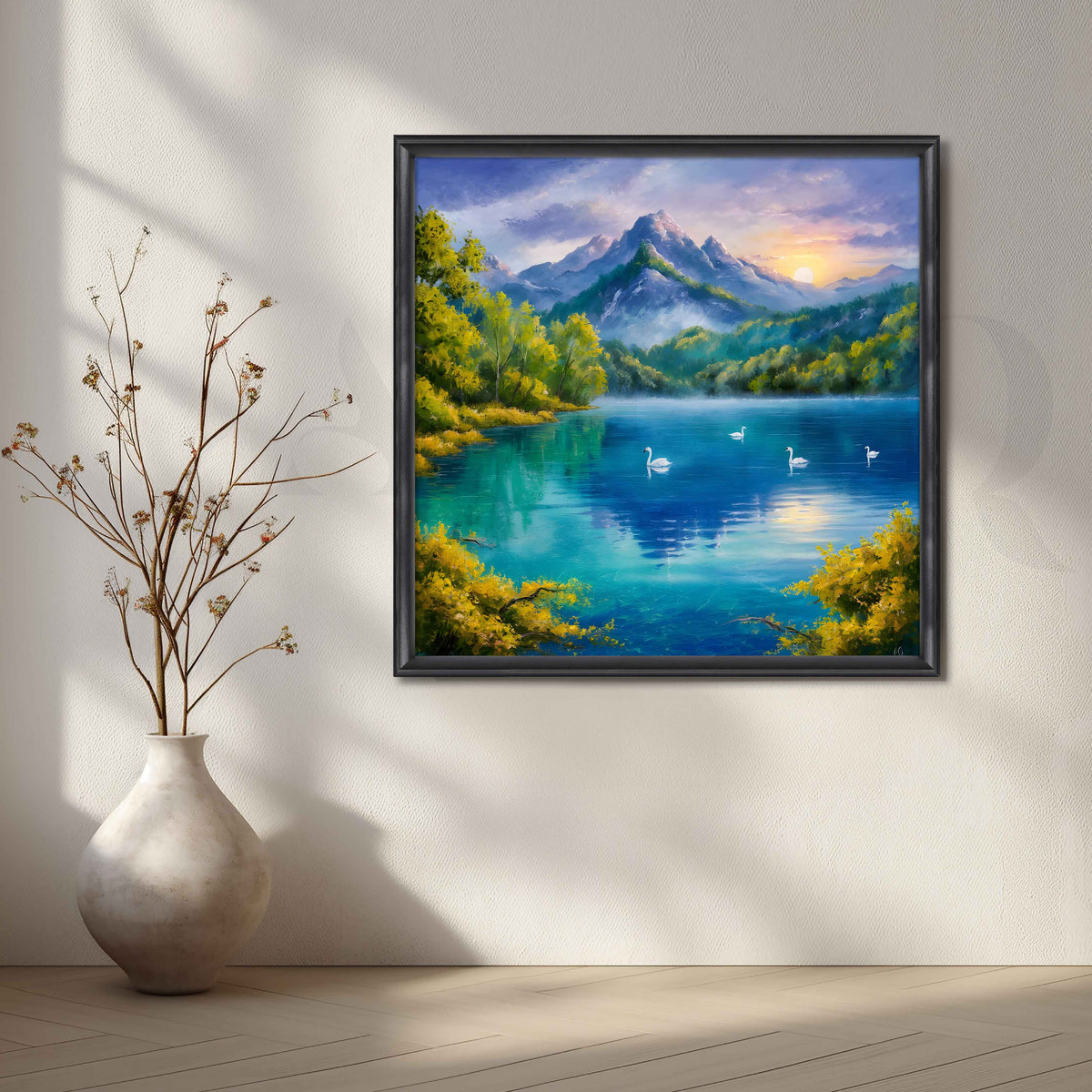 Swan Lake Mountain Canvas Artwork – Asha Art Studio – Image 3