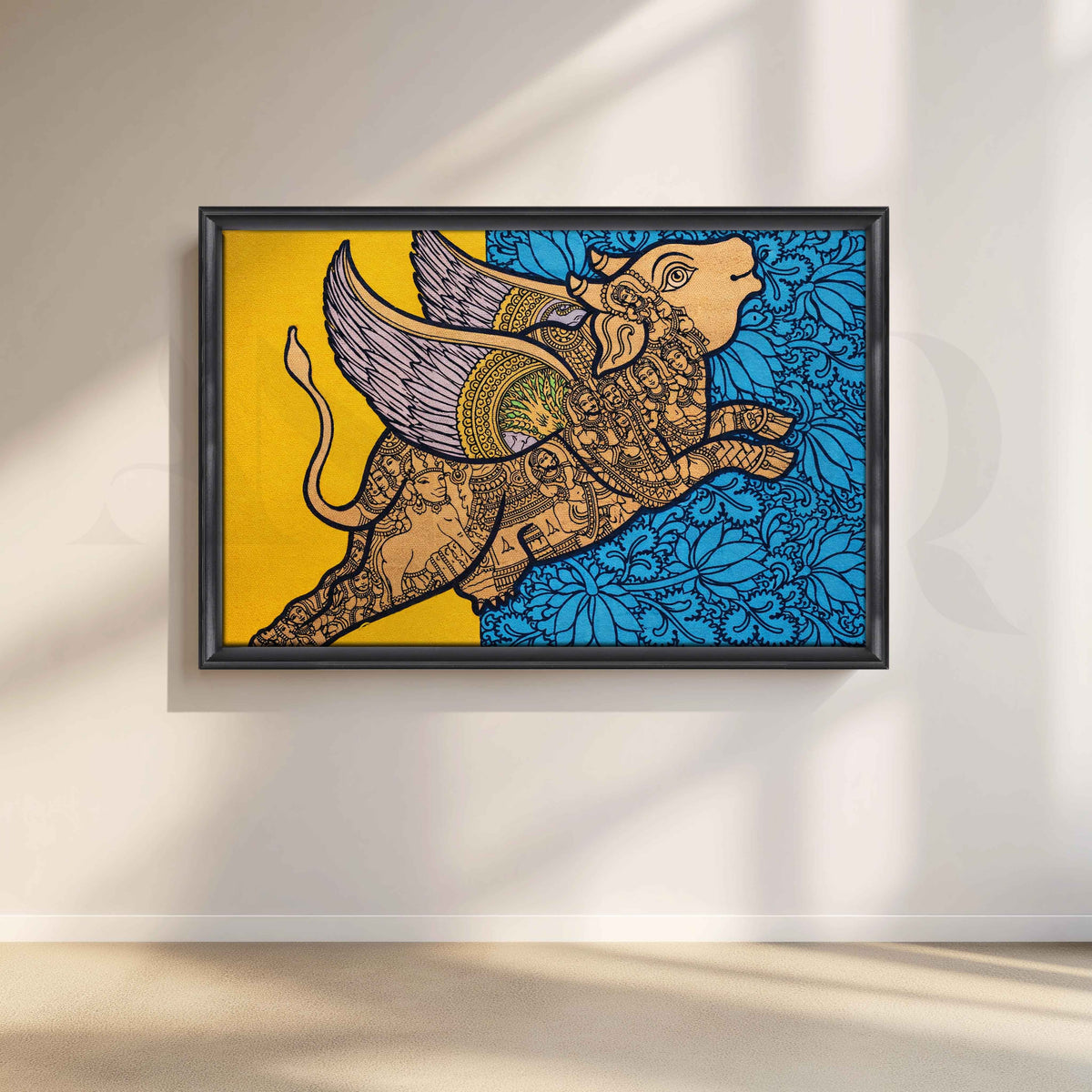 Ornate Winged Bull Canvas Artwork – Asha Art Studio – Image 3