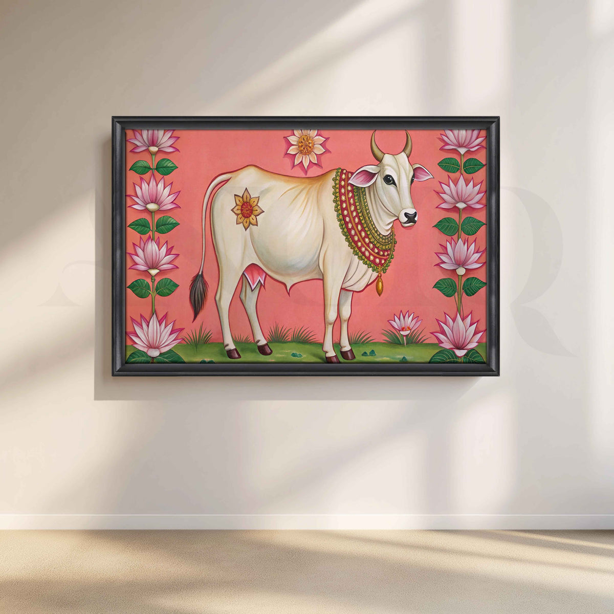 Lotus Framed Sacred Cow Canvas Artwork – Asha Art Studio – Image 3