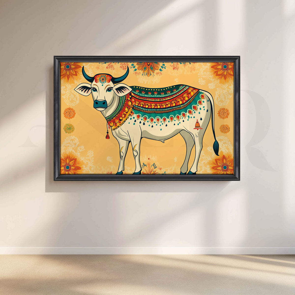 Decorative Sacred Cow Folk Canvas Artwork – Asha Art Studio – Image 3