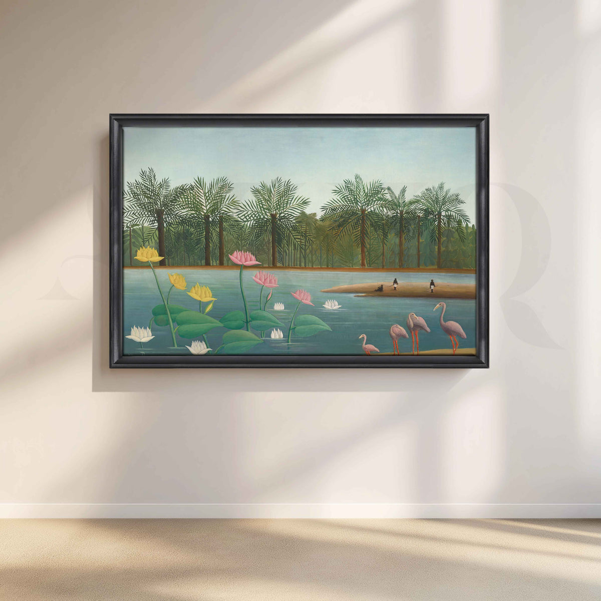 Tropical Lotus Lake with Flamingos Folk Art Canvas Artwork – Asha Art Studio – Image 3