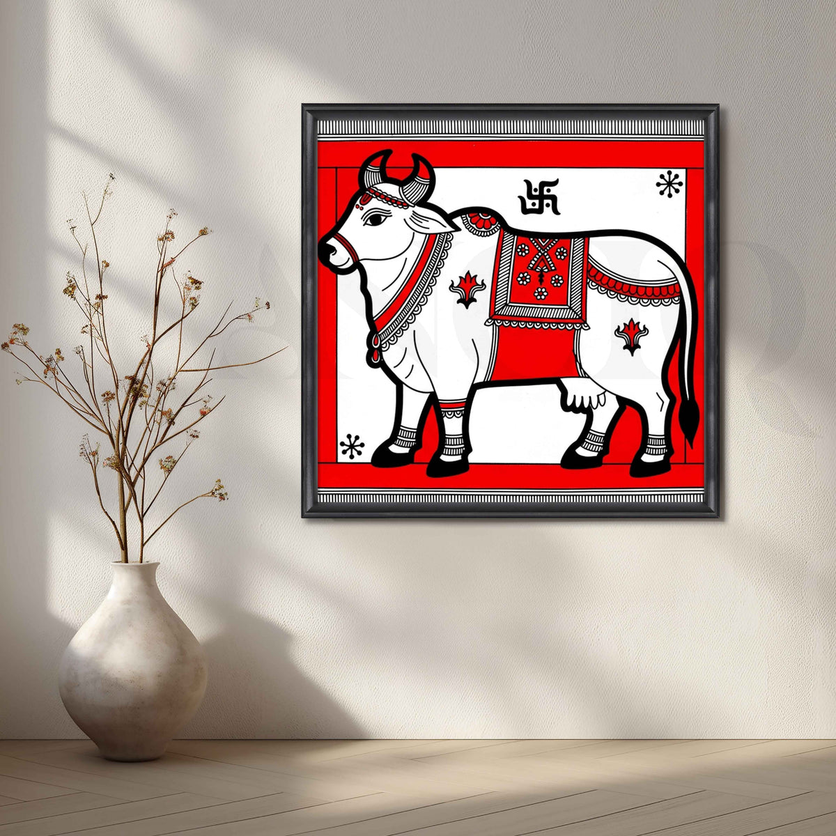 Sacred Cow Traditional Madhubani Canvas Artwork – Asha Art Studio – Image 3