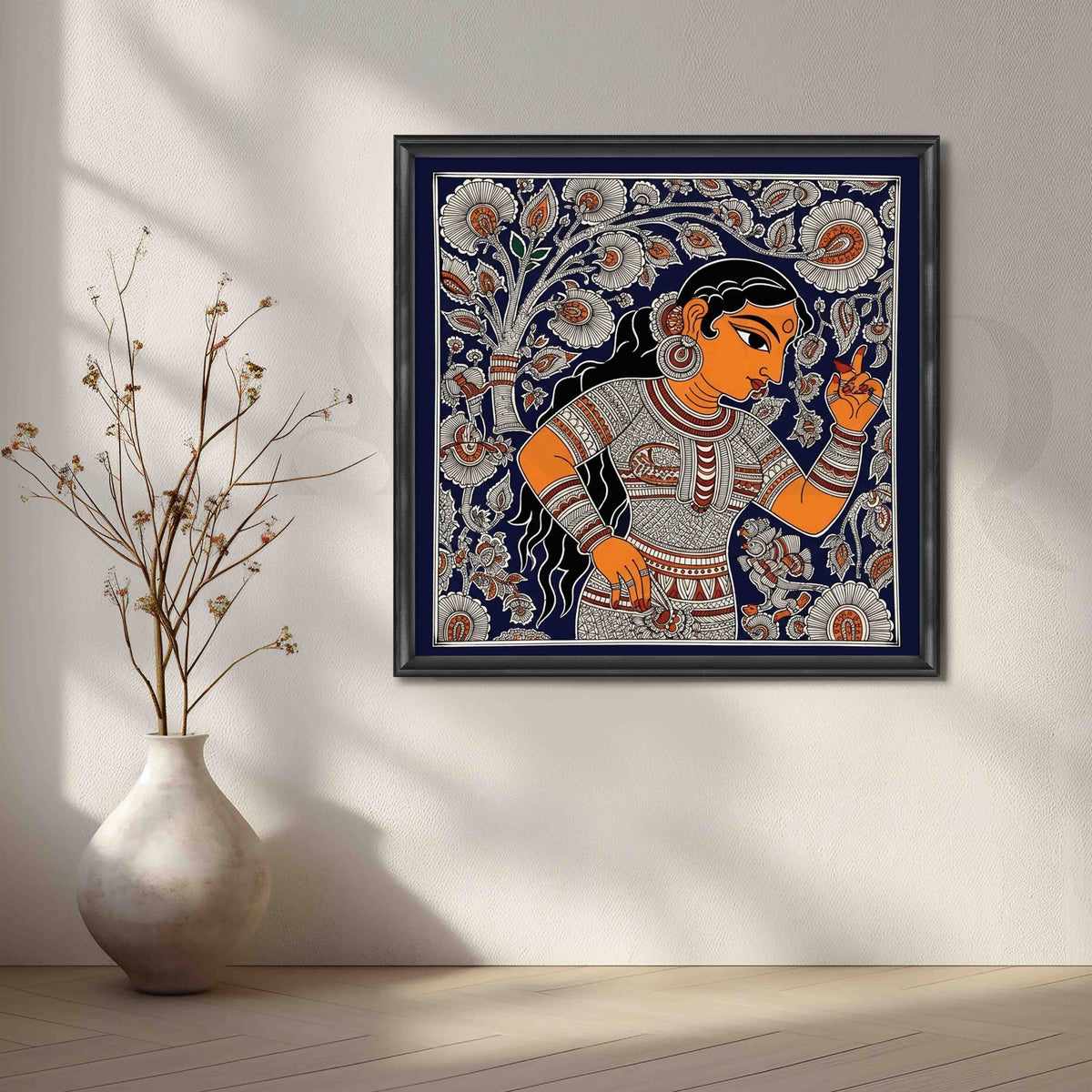 Traditional Indian Woman Madhubani Canvas Artwork – Asha Art Studio – Image 3