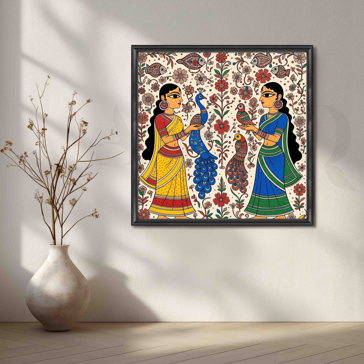 Traditional Women and Peacocks Madhubani Canvas Artwork – Asha Art Studio – Image 3