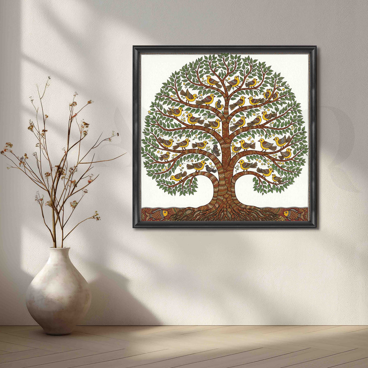 Birds Tree of Life Madhubani Canvas Artwork – Asha Art Studio – Image 3
