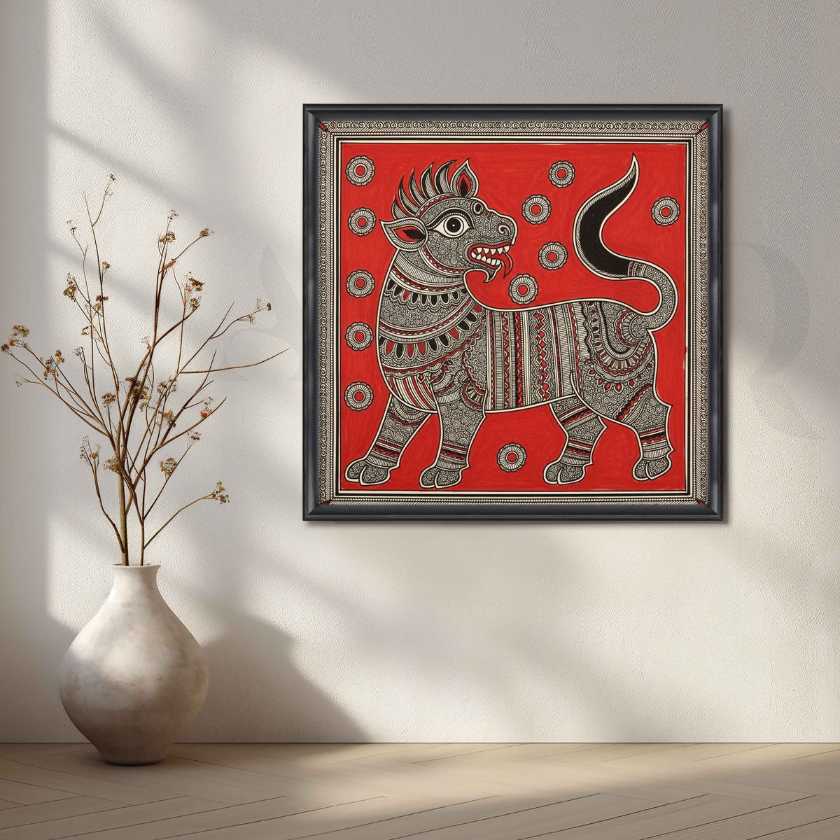 Mythical Lion Traditional Madhubani Canvas Artwork – Asha Art Studio – Image 3