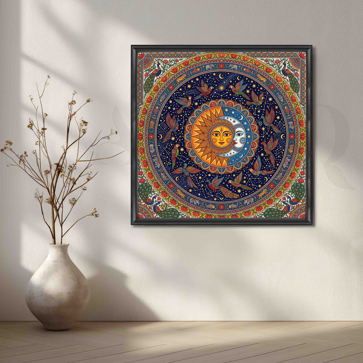 Sun and Moon Madhubani Mandala Canvas Artwork – Asha Art Studio – Image 3