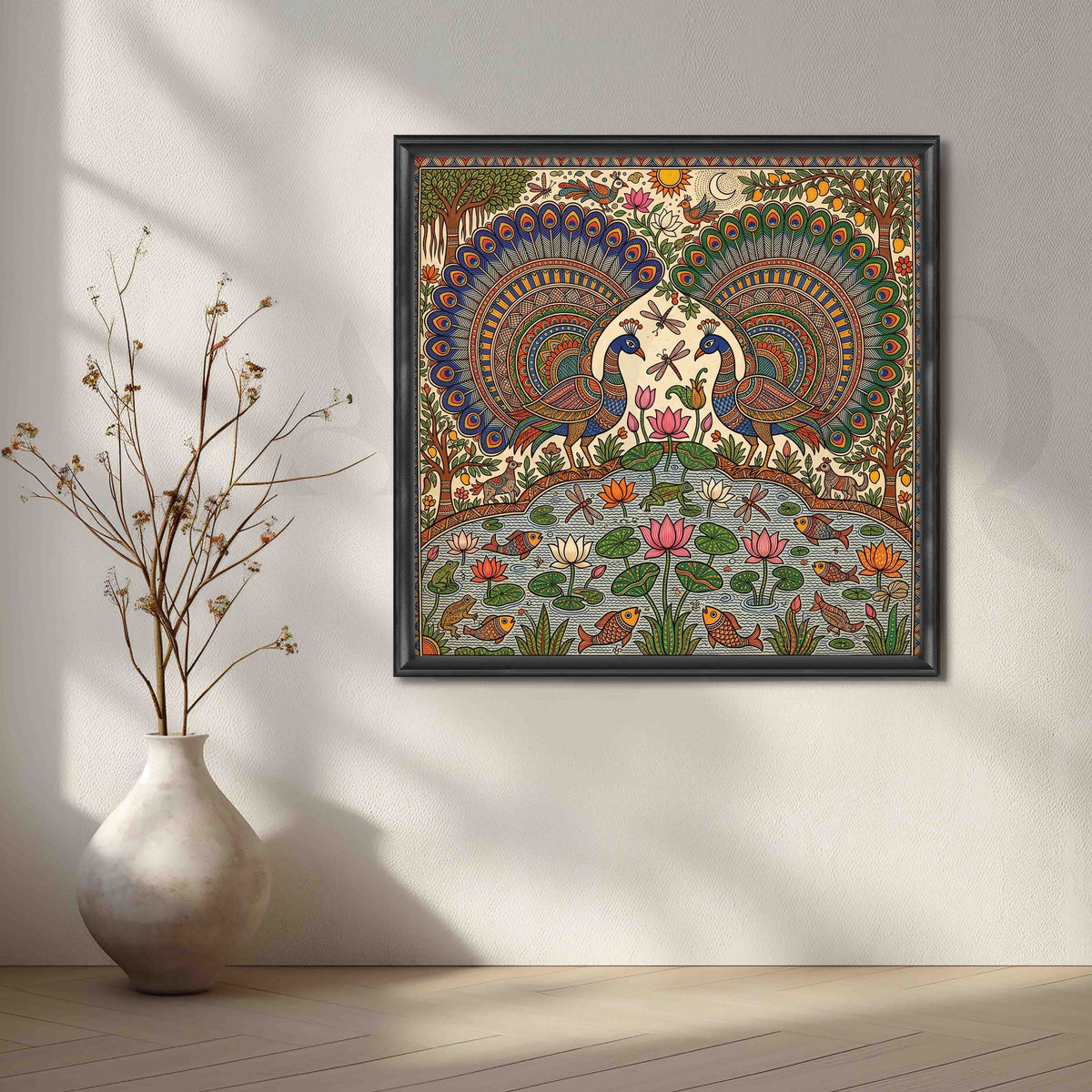 Peacock Lotus Pond Madhubani Canvas Artwork – Asha Art Studio – Image 3