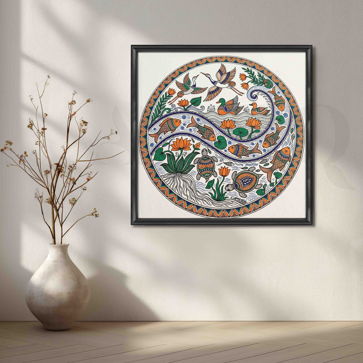 Aquatic Life Mandala Madhubani Canvas Artwork – Asha Art Studio – Image 3