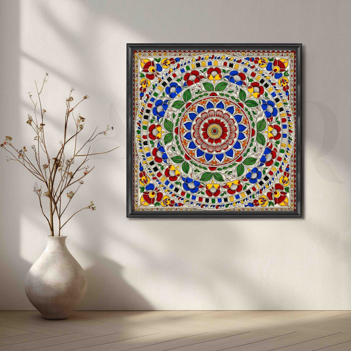 Traditional Floral Mandala Madhubani Canvas Artwork – Asha Art Studio – Image 3