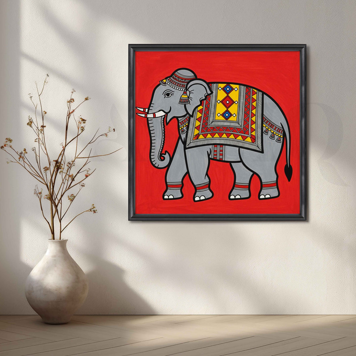 Traditional Decorated Elephant Madhubani Canvas Artwork – Asha Art Studio – Image 3