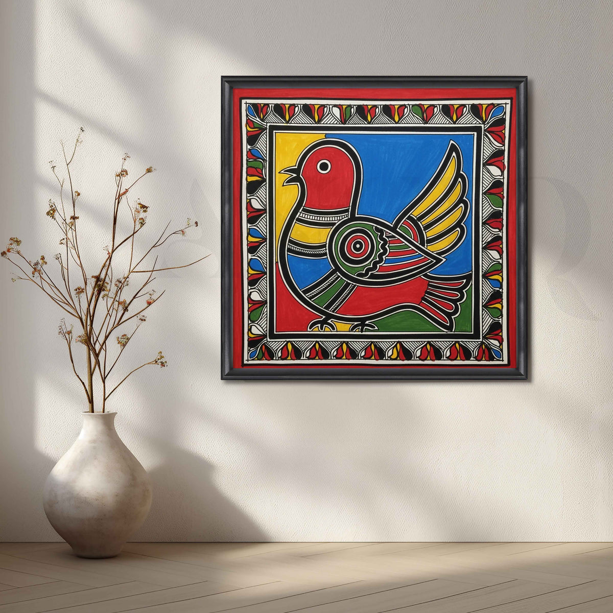 Colourful Folk Bird Madhubani Canvas Artwork – Asha Art Studio – Image 3