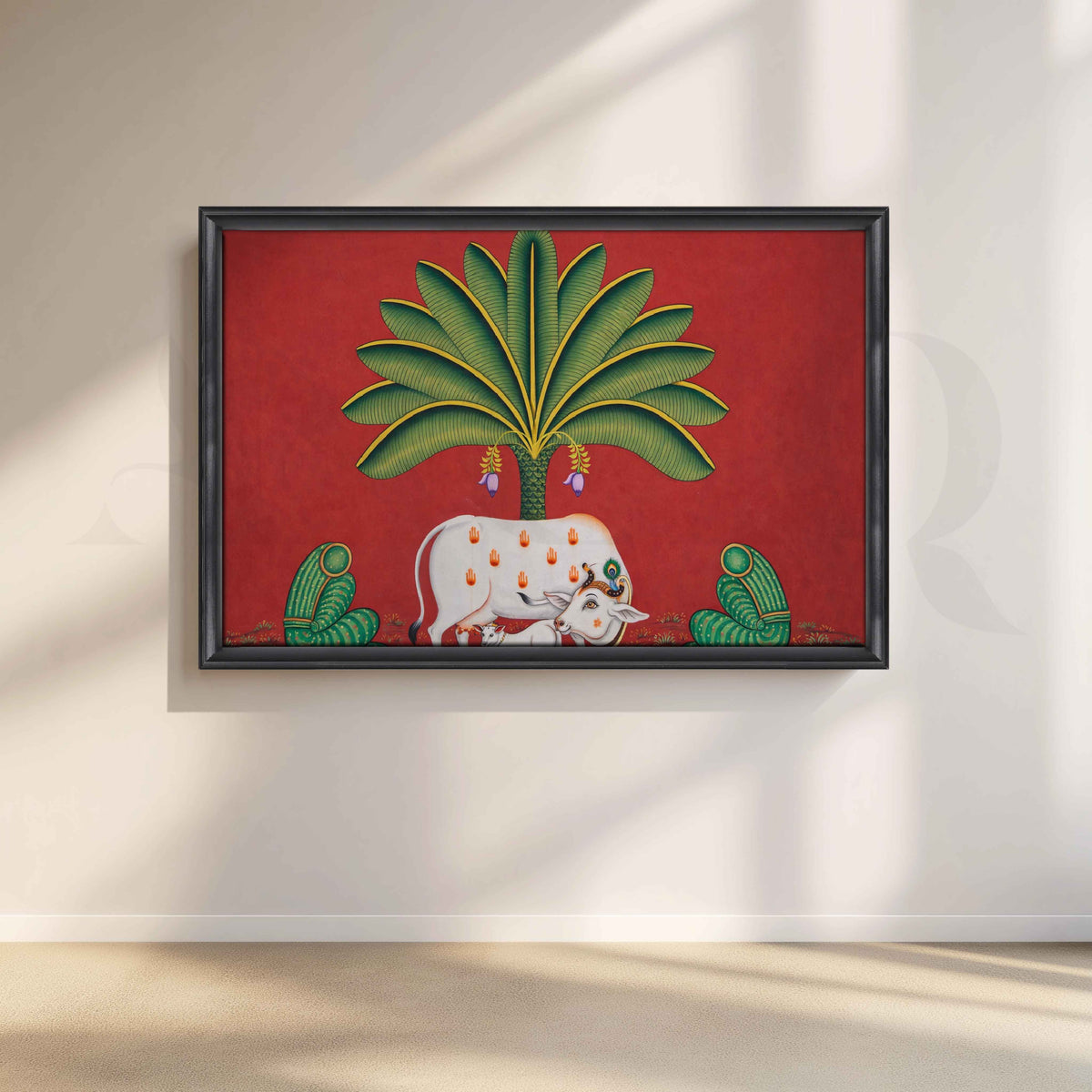 Sacred Cow Under Palm Tree Canvas Artwork – Asha Art Studio – Image 3