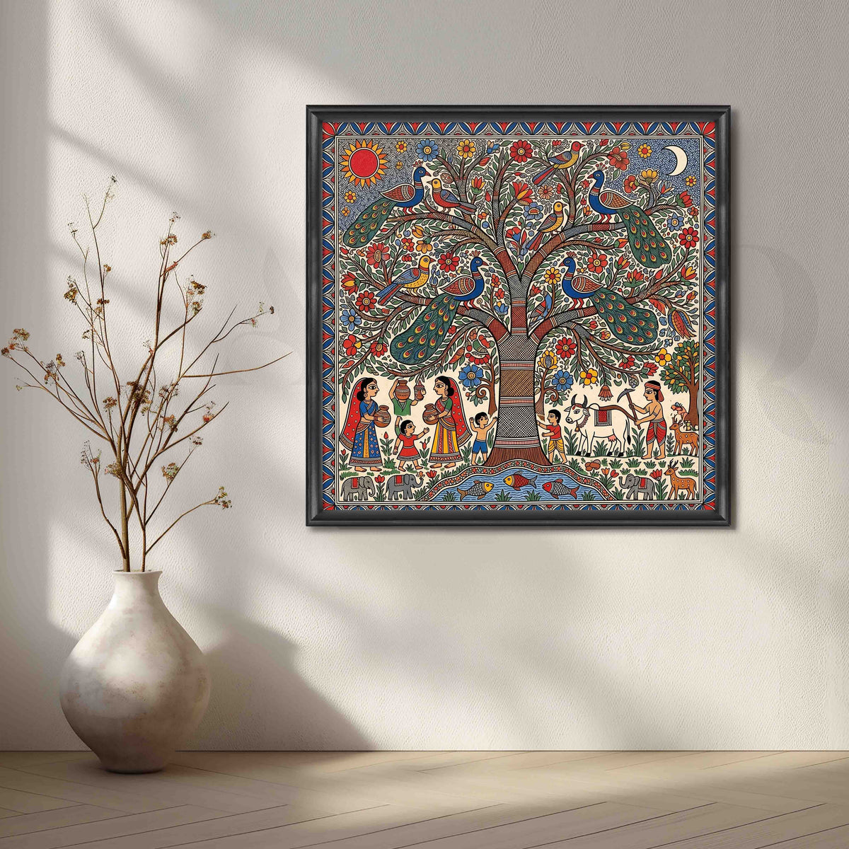 Peacock Tree of Life Madhubani Canvas Artwork – Asha Art Studio – Image 3