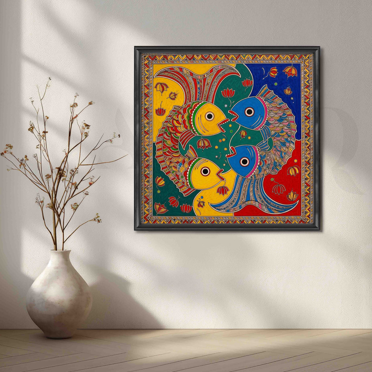Colourful Fish Motif Madhubani Canvas Artwork – Asha Art Studio – Image 3