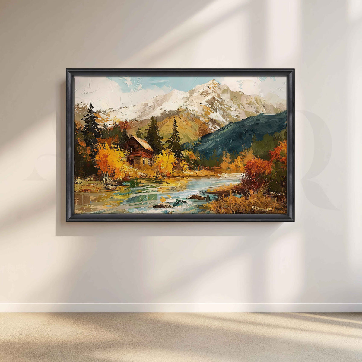 Snow Mountain Cabin Canvas Artwork – Asha Art Studio – Image 3