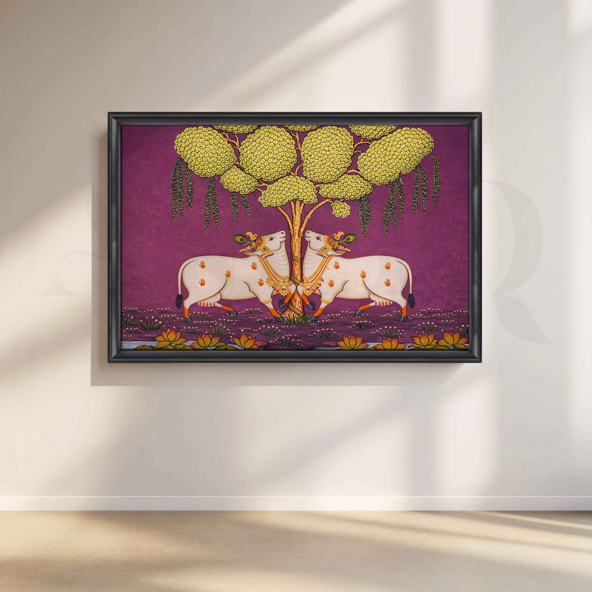 Twin Sacred Cows Under Tree Canvas Artwork – Asha Art Studio – Image 3