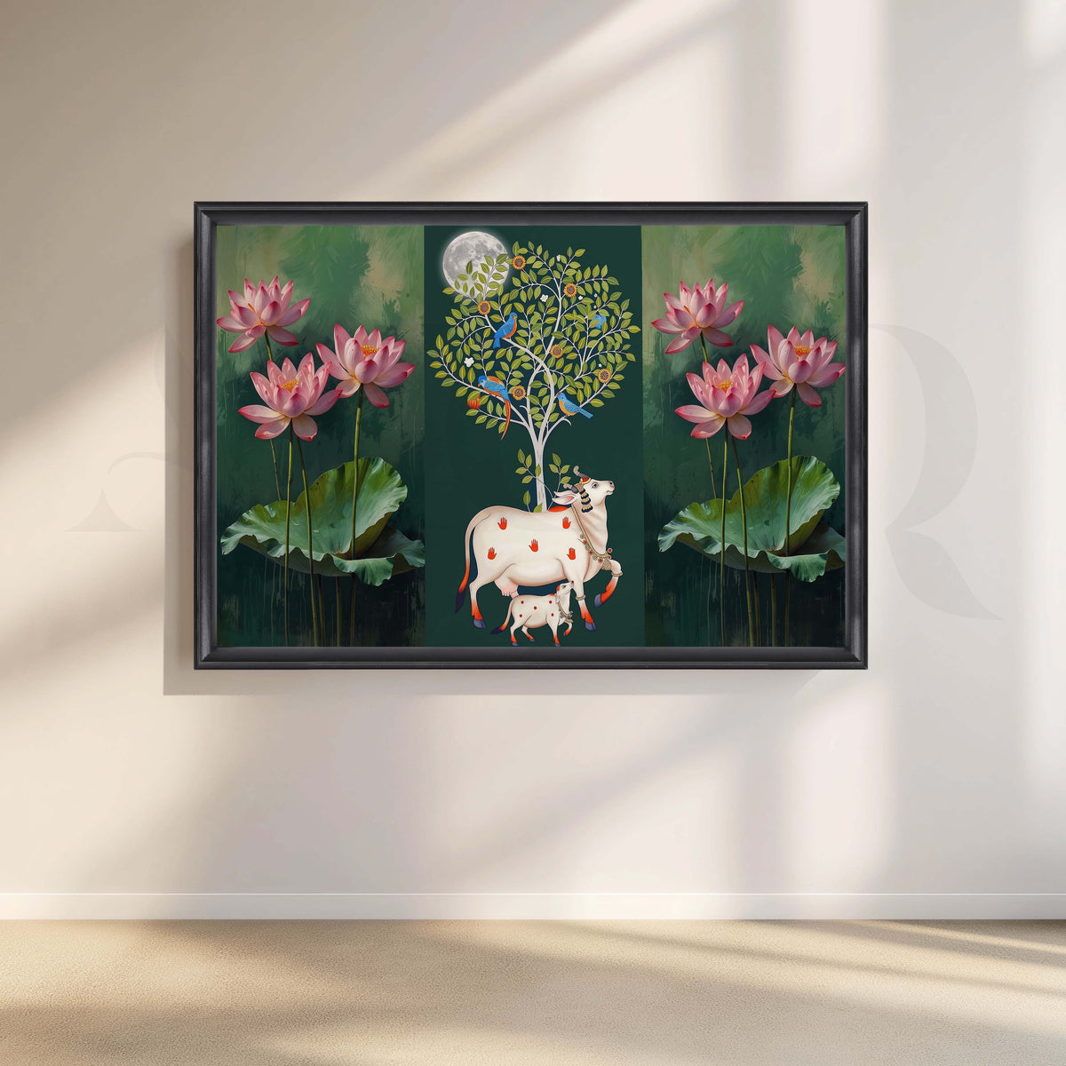 Lotus and Sacred Cow Botanical Canvas Artwork – Asha Art Studio – Image 3