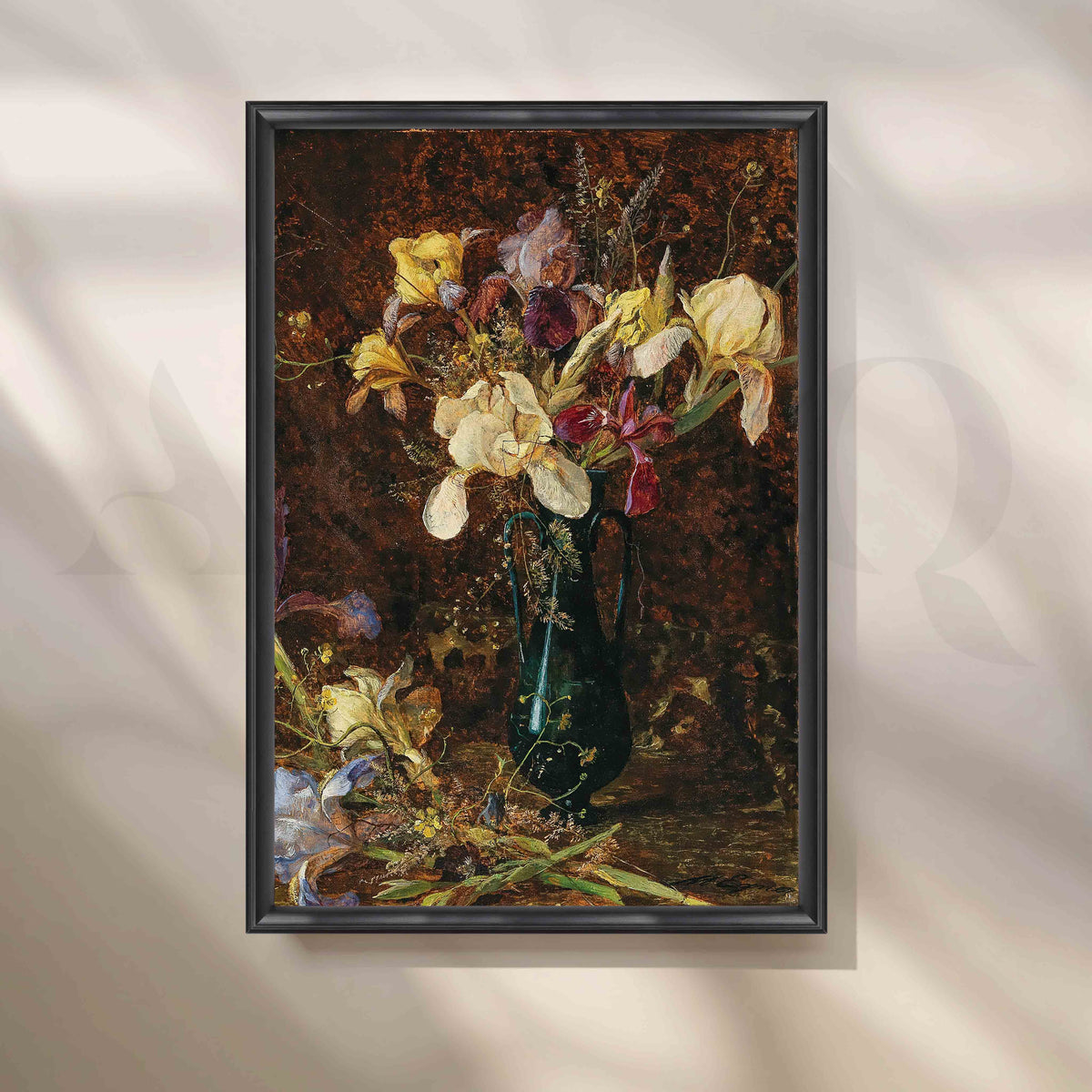 Vintage Iris Bouquet in Dark Vase Canvas Artwork – Asha Art Studio – Image 3