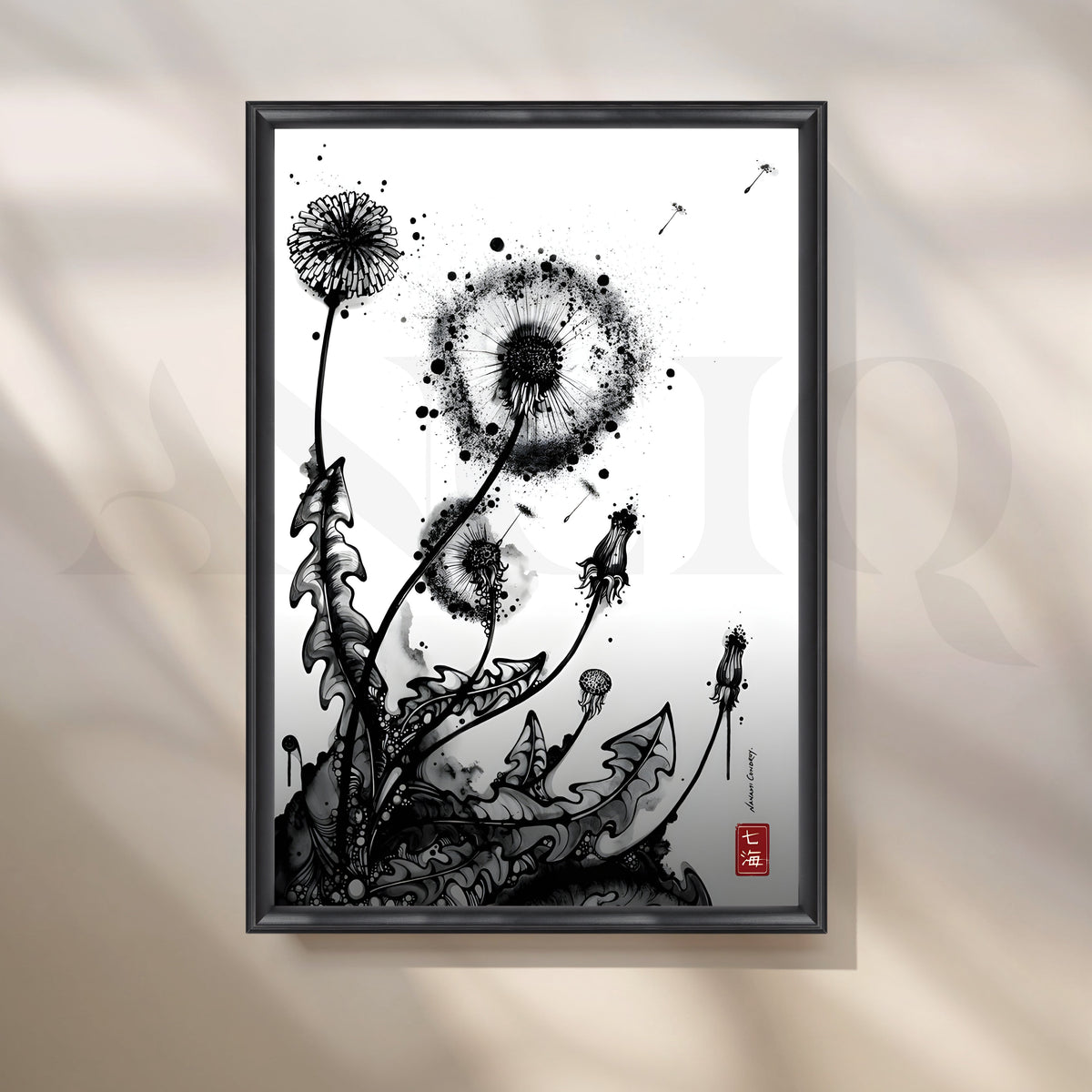 Monochrome Dandelion Ink Botanical Artwork – Asha Art Studio – Image 3