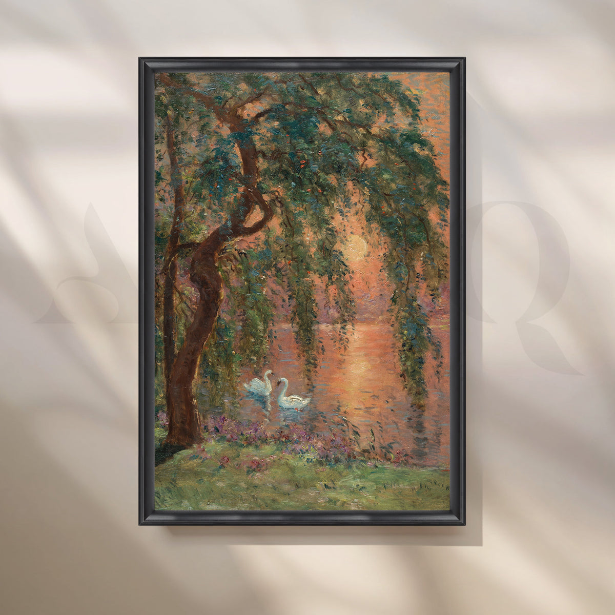 Swans at Sunset Lake Canvas Artwork – Asha Art Studio – Image 3